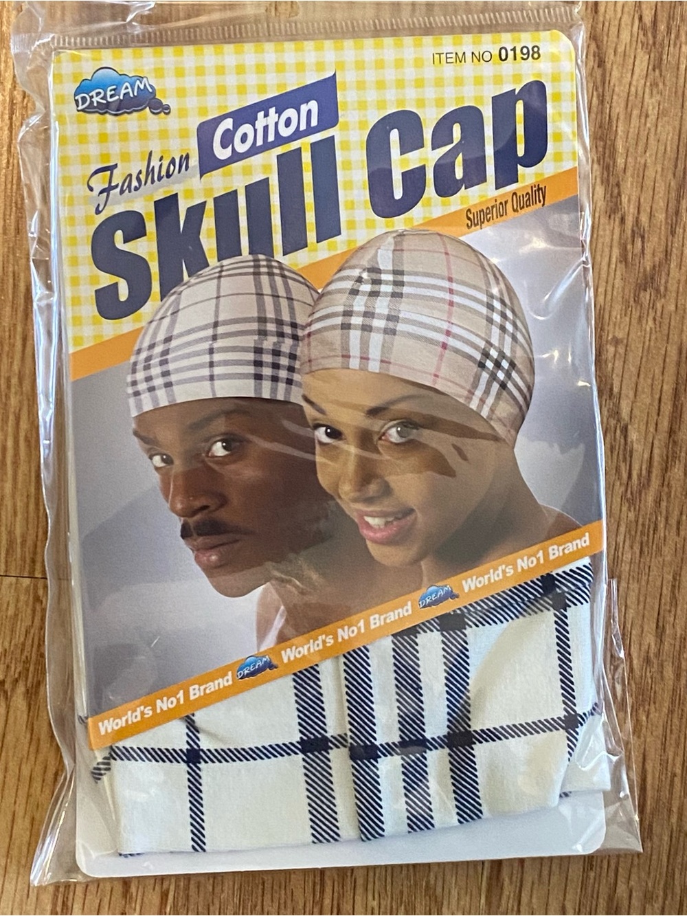 Dream Cotton Skull Cap - Cream & Navy Plaid  6 Count New